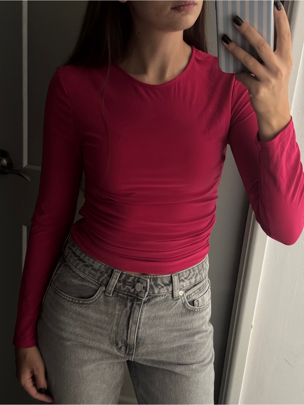 Zara Long-Sleeve Crewneck Top in Bright Pink